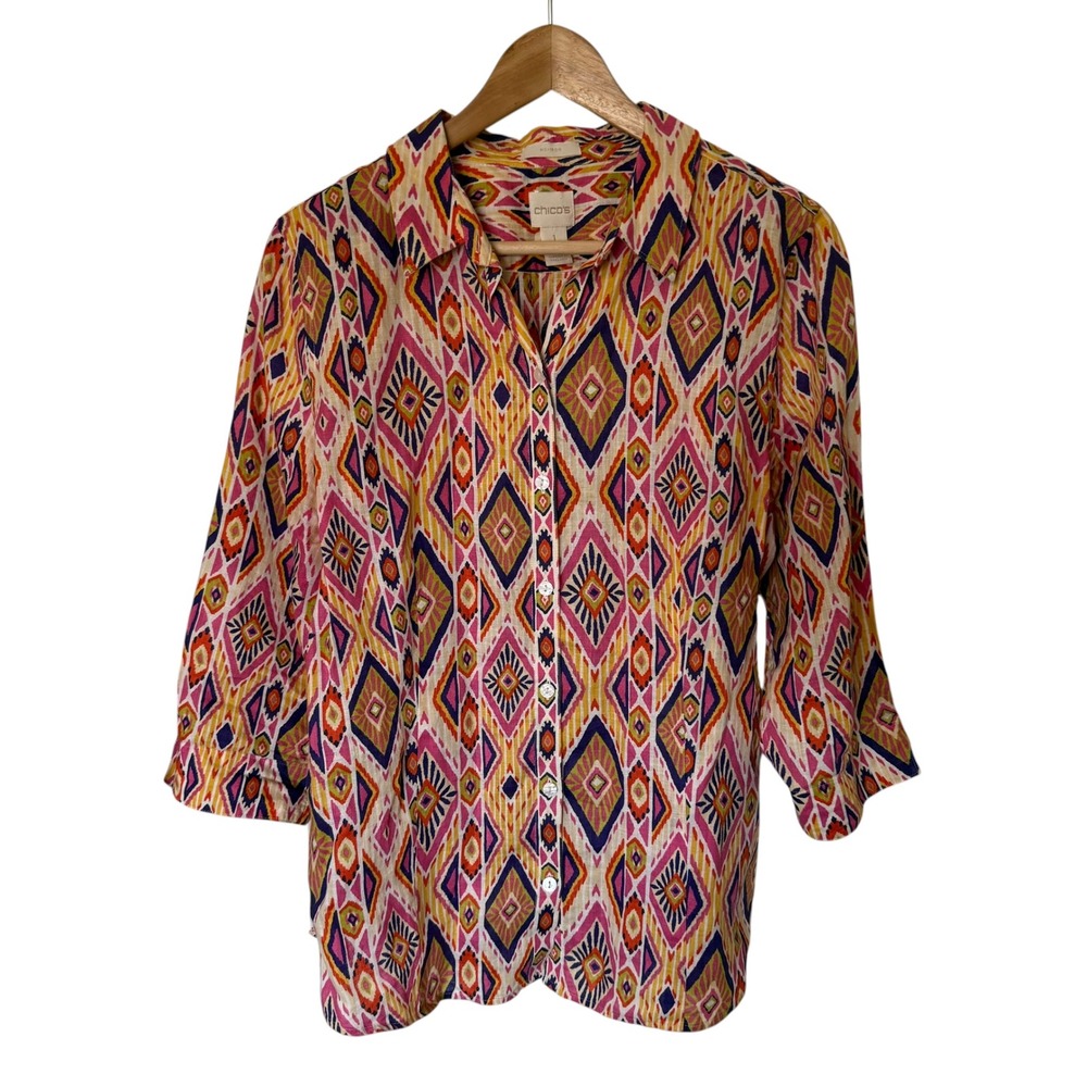 Chico's Linen Button Down Shirt Womens 1 Pink Ikat Geometric No-Iron Excellent